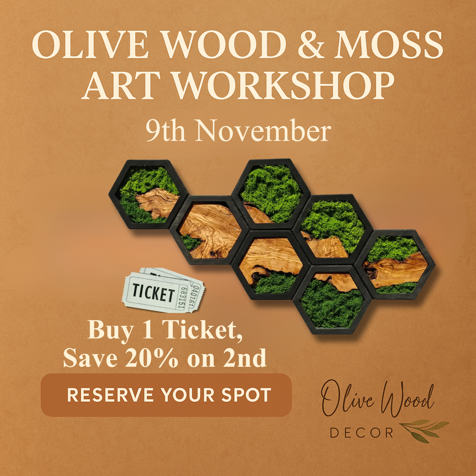 Olive Wood & Moss Art Workshop with olive wood & moss wall art highlighting discount.